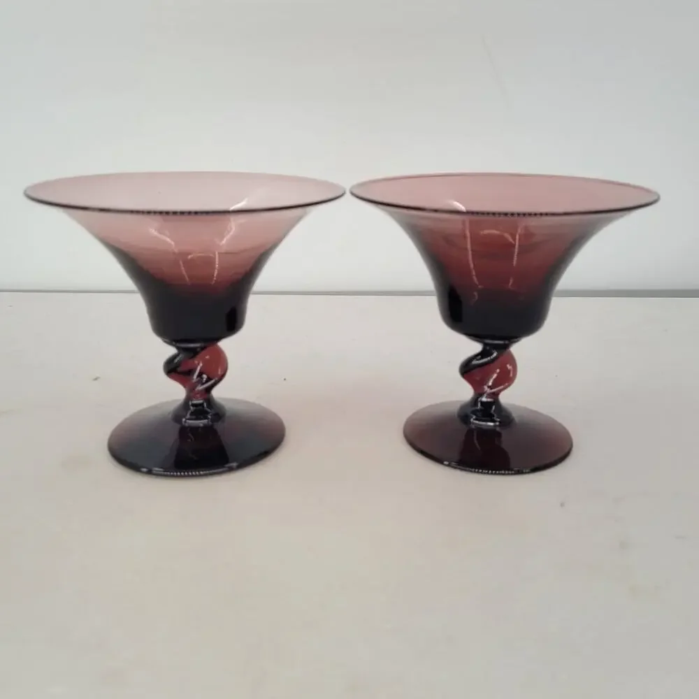 Vintage Empoli Amethyst Champagne‎ Glasses Purple Twisted Stem Pair whimsy 3-3